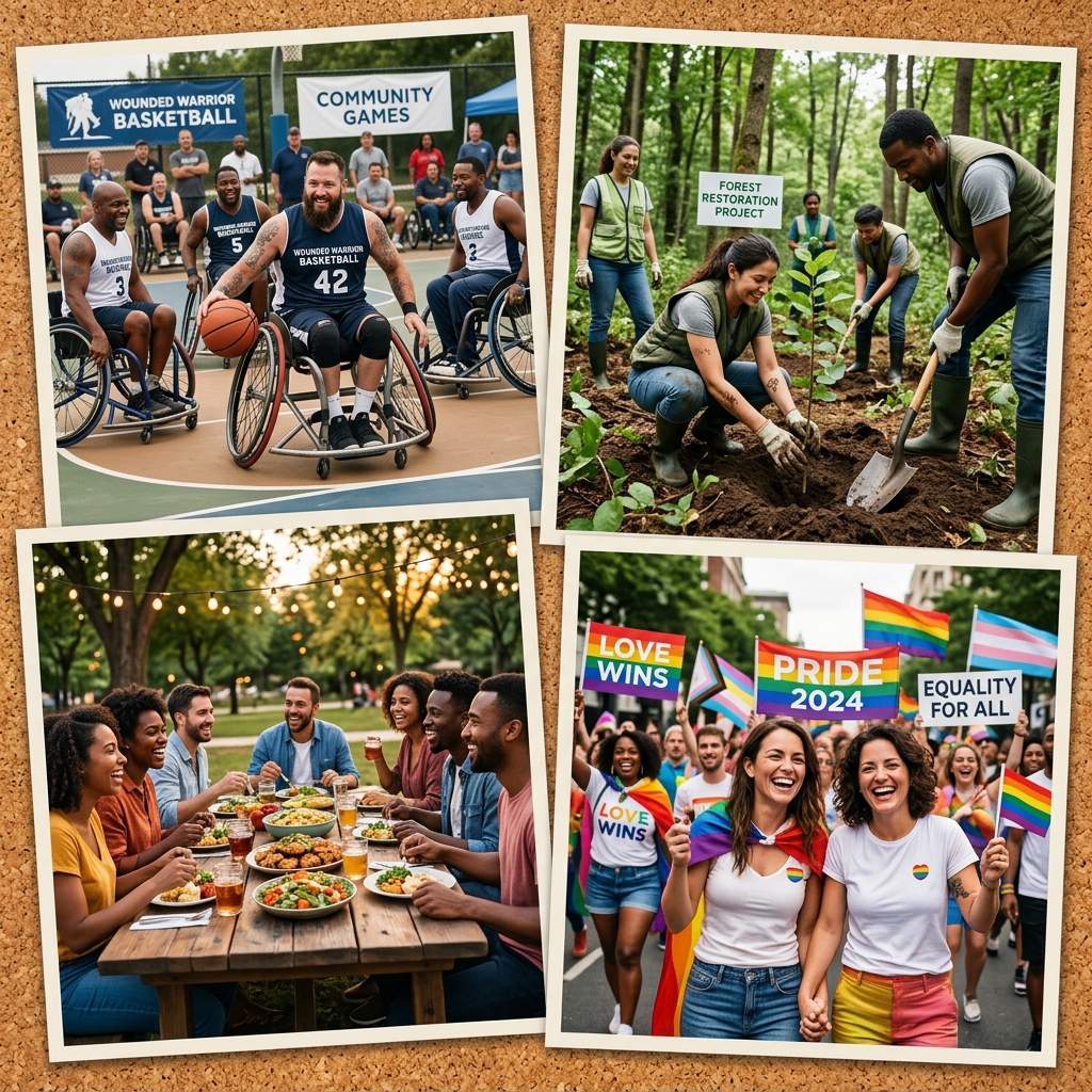 A collage of philanthropy scenes: veterans playing basketball, volunteers planting trees, and community celebrations
