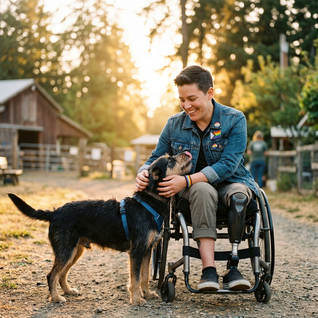 A heartwarming scene of an LGBTQAI+ disabled veteran bonding with a rescued dog