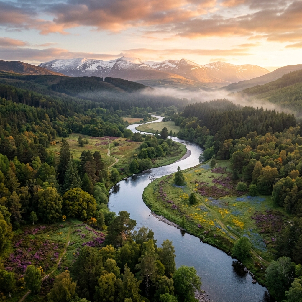 A stunning aerial view of a pristine river valley with ancient forests and wildflower meadows