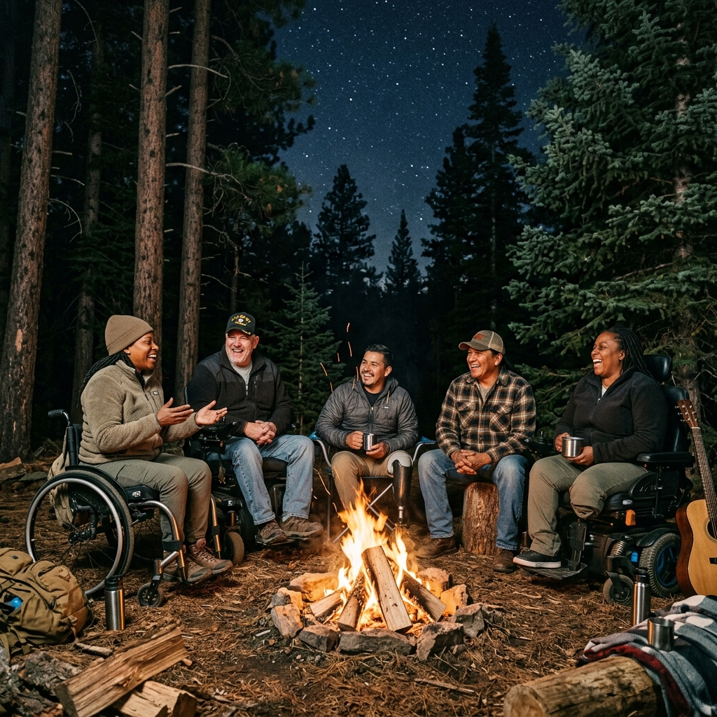 Disabled veterans gathered around a campfire, laughing and sharing stories under a starry sky