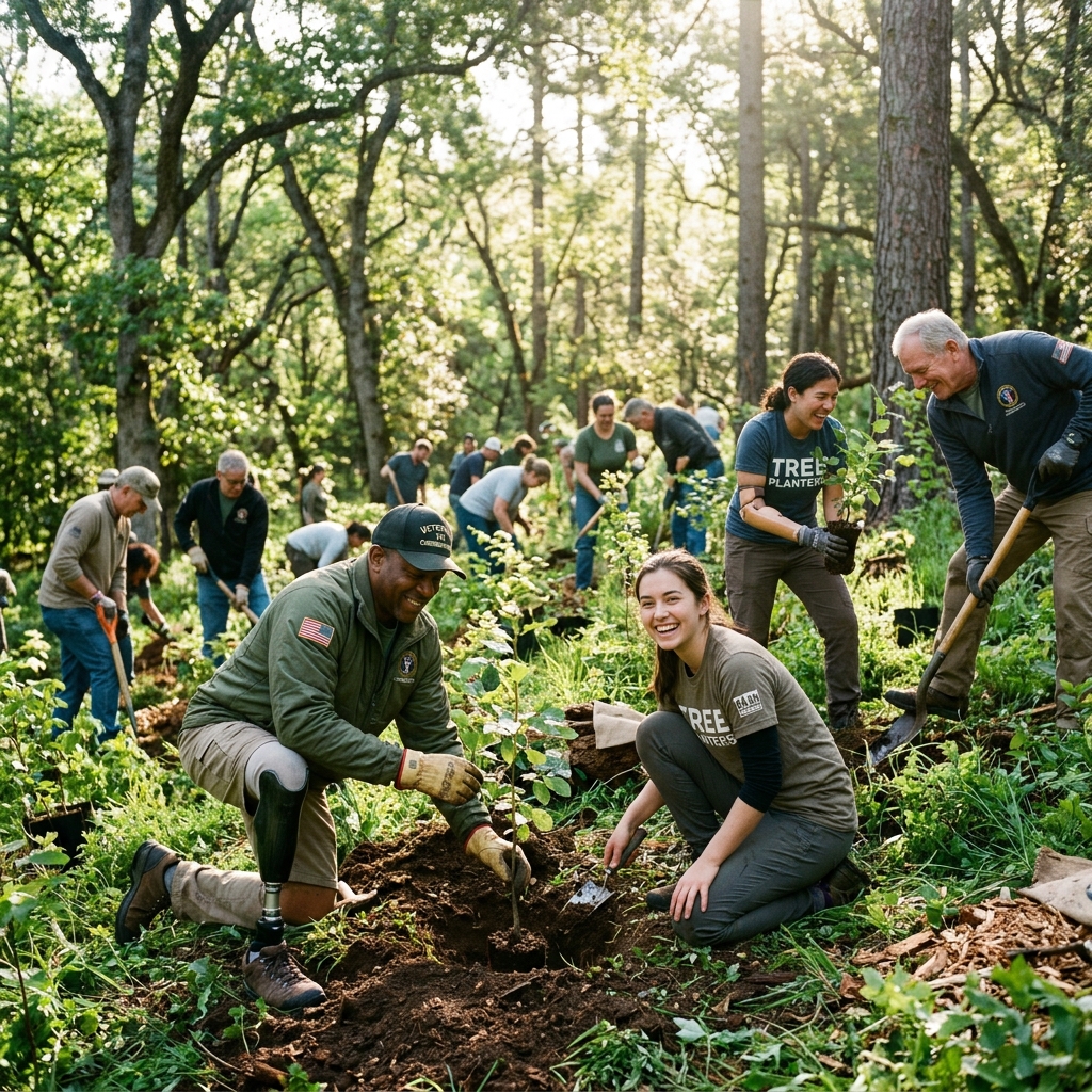 Veterans and volunteers planting trees in a conservation area