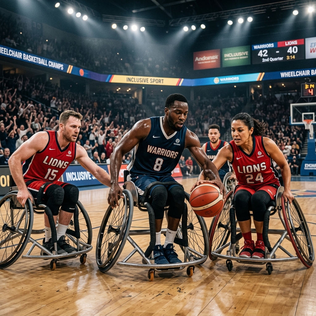 Wheelchair basketball players competing in an indoor arena with dramatic lighting