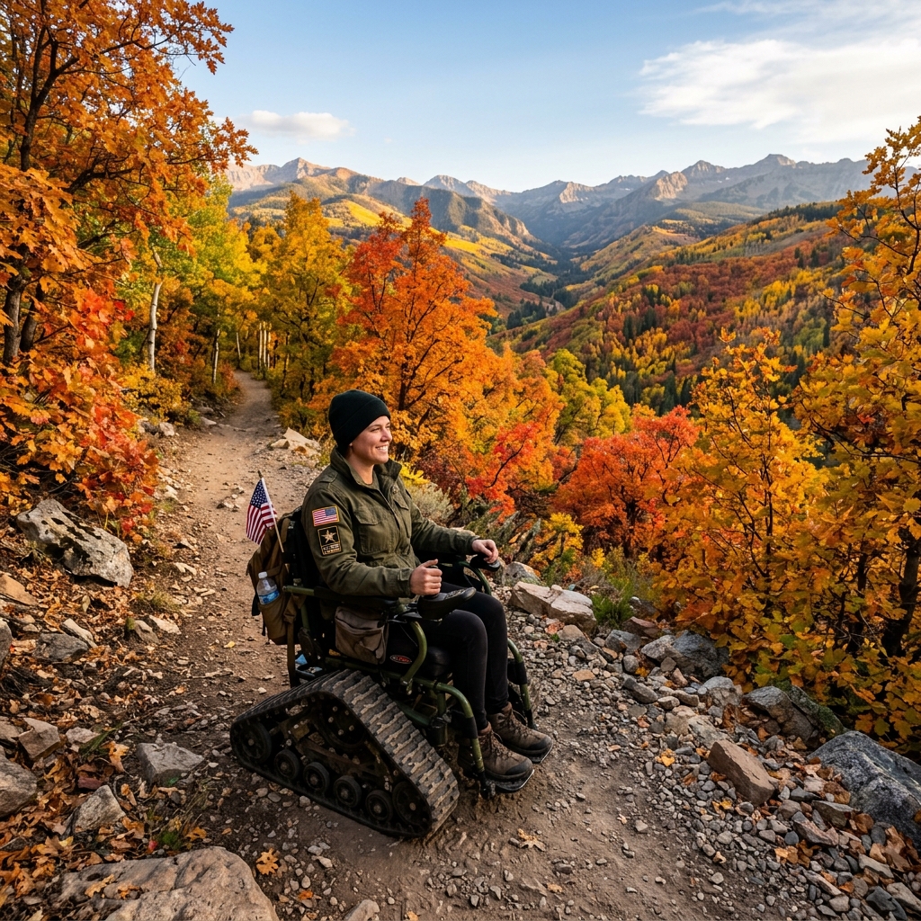 A disabled veteran on an adaptive wheelchair exploring a mountain trail in autumn foliage