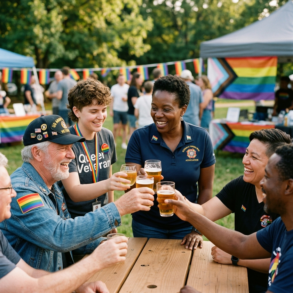 LGBTQAI+ veterans celebrating together with pride flags at a community gathering