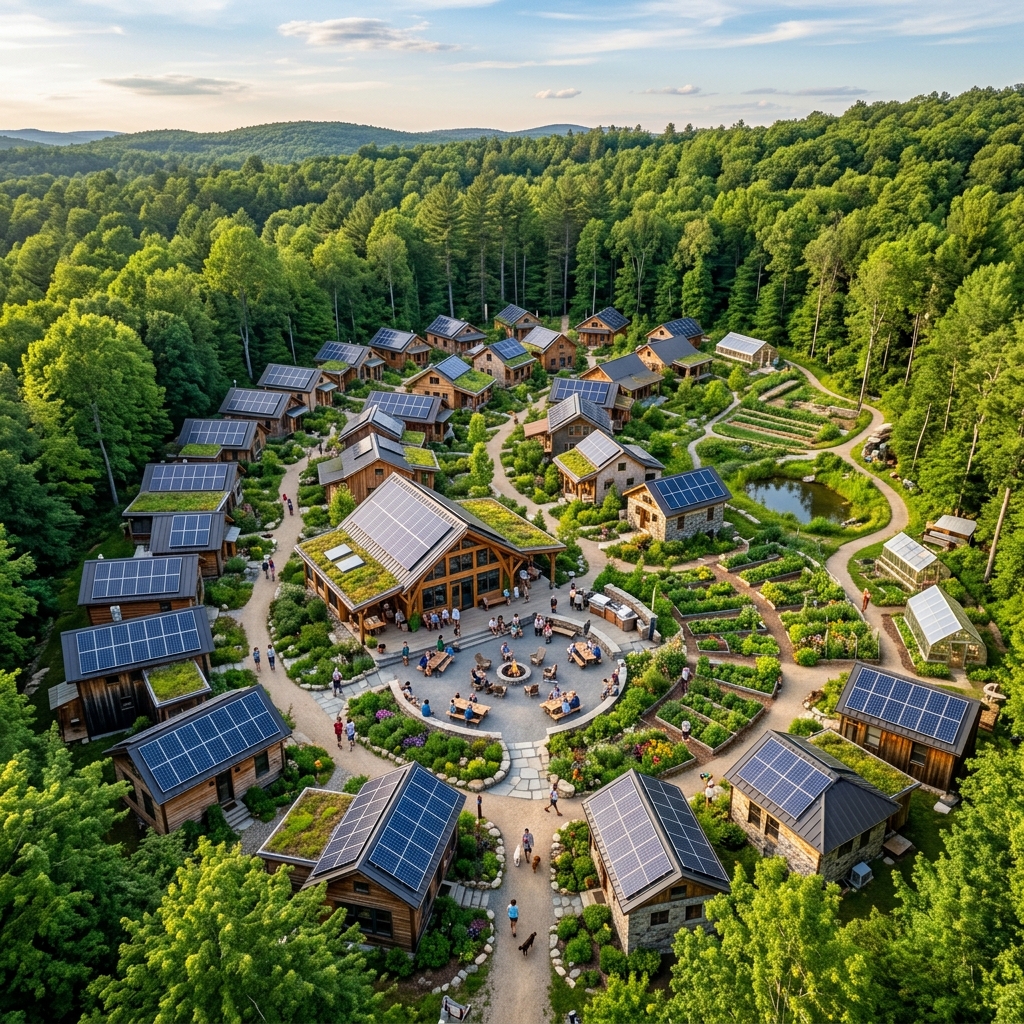 Aerial view of an eco-village housing community surrounded by forest with solar panels and community gardens