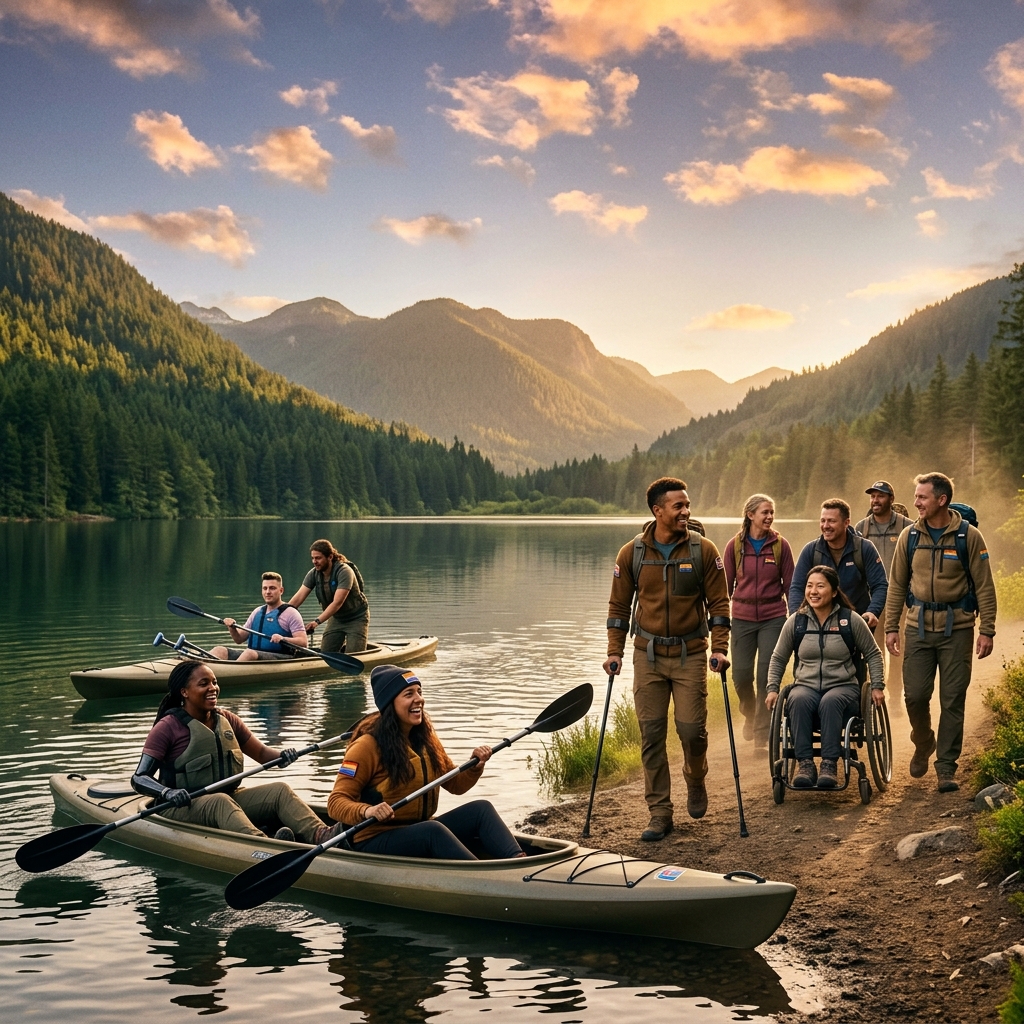 Diverse LGBTQAI+ disabled veterans kayaking and hiking in a lush wilderness landscape at golden hour