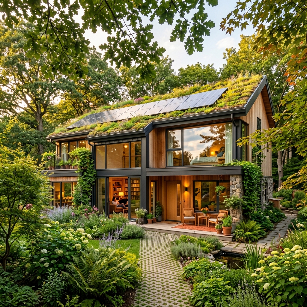 A beautiful modern eco-friendly sustainable home with solar panels surrounded by lush trees