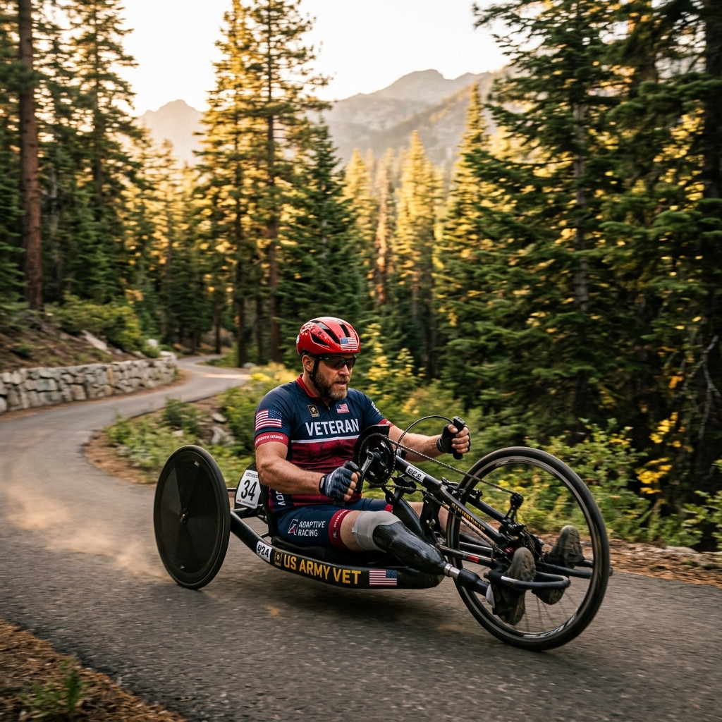 A disabled veteran racing in an adaptive hand-cycle through a beautiful national forest